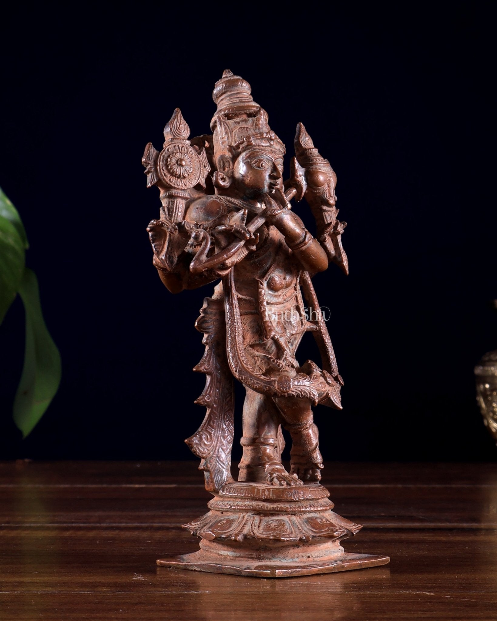 Vintage Copper Vishnu roopam Charbhuja Krishna Idol | 6" Natural Antique patina - Budhshiv.com