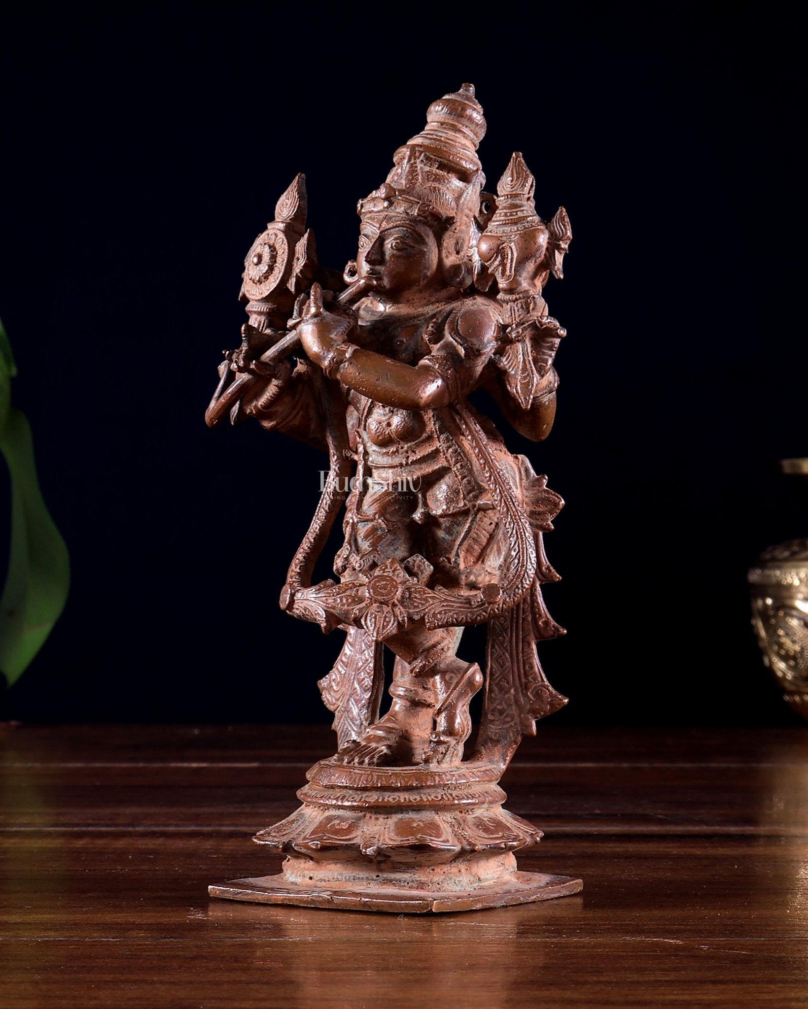 Vintage Copper Vishnu roopam Charbhuja Krishna Idol | 6" Natural Antique patina - Budhshiv.com