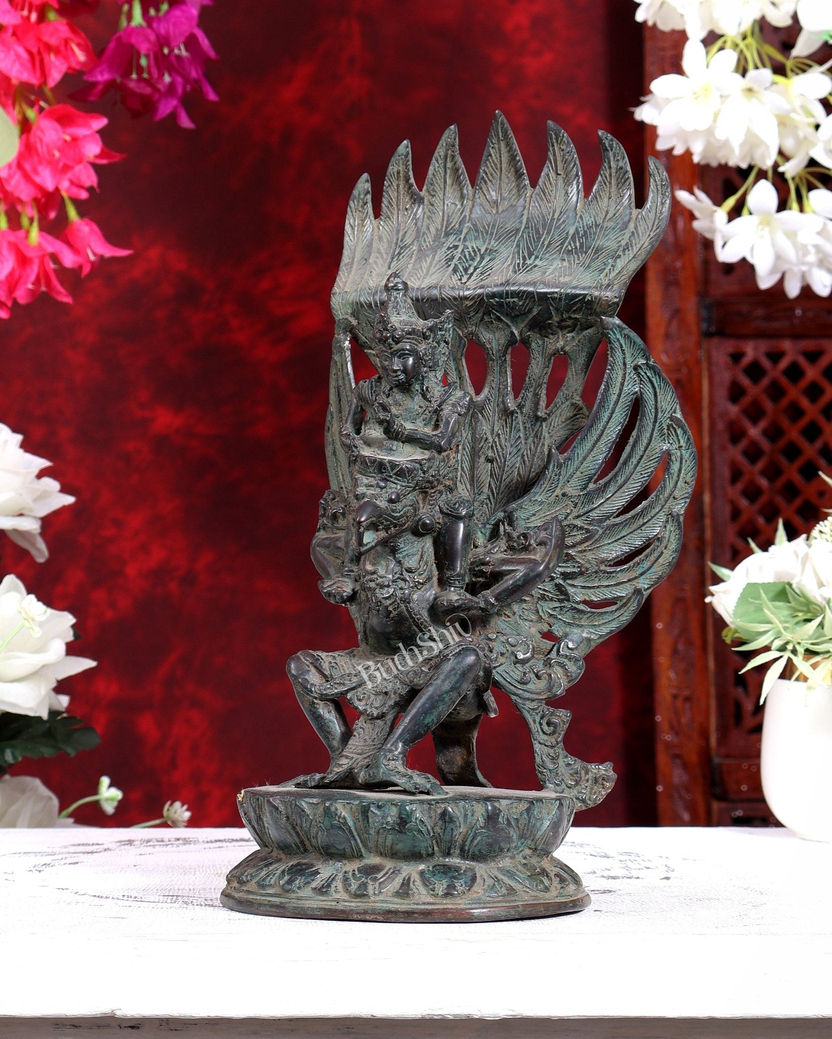 Vintage Indonesian Bronze Lord Vishnu Seated on Garuda Vahana Sculpture 12 inch - Budhshiv.com