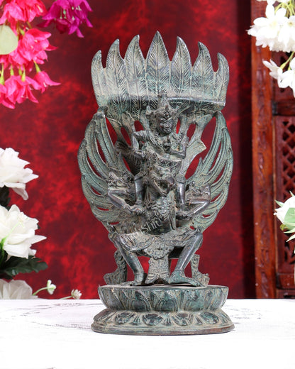 Vintage Indonesian Bronze Lord Vishnu Seated on Garuda Vahana Sculpture 12 inch - Budhshiv.com