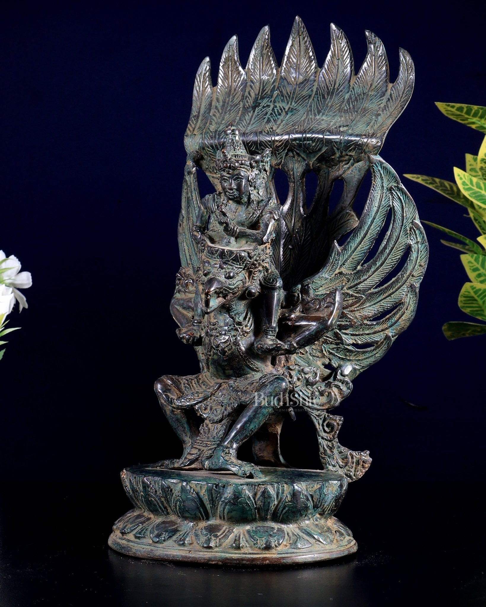 Vintage Indonesian Bronze Lord Vishnu Seated on Garuda Vahana Sculpture 12" - Budhshiv.com