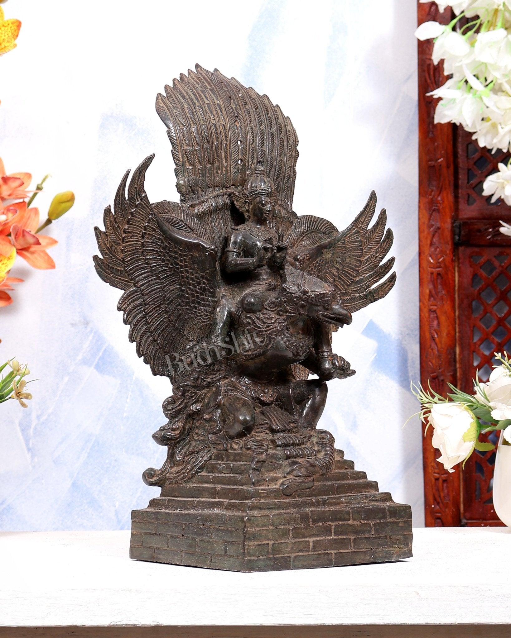 Vintage Indonesian Bronze Lord Vishnu Seated on Garuda Vahana Sculpture 13" Antique bronze tone - Budhshiv.com