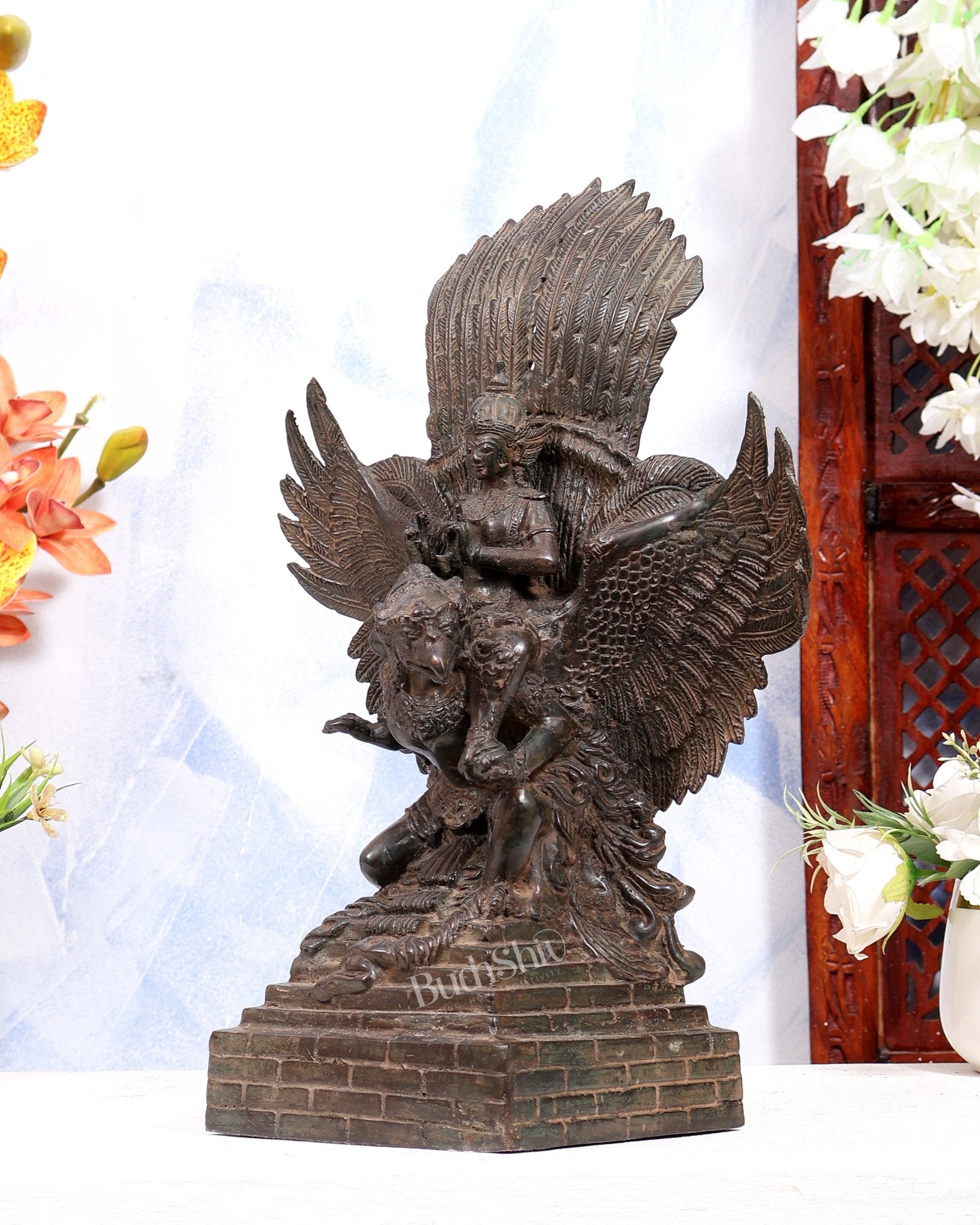 Vintage Indonesian Bronze Lord Vishnu Seated on Garuda Vahana Sculpture 13" Antique bronze tone - Budhshiv.com