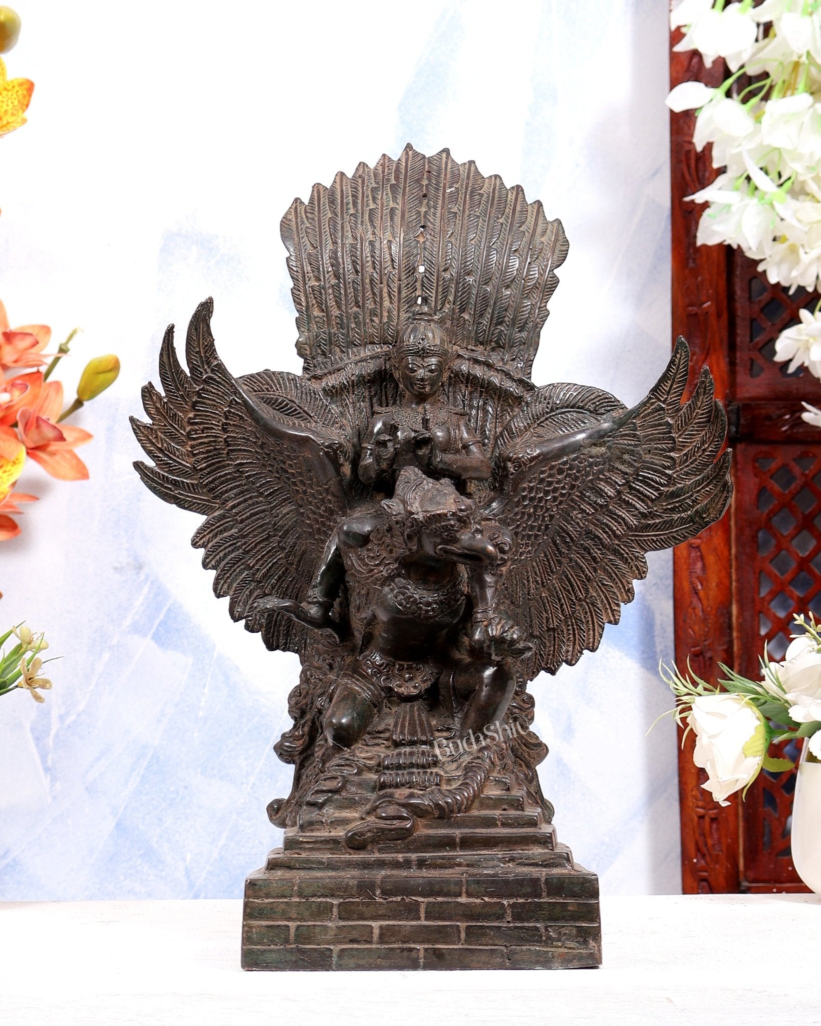Vintage Indonesian Bronze Lord Vishnu Seated on Garuda Vahana Sculpture 13" Antique bronze tone - Budhshiv.com