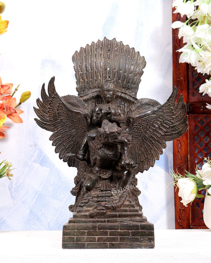 Vintage Indonesian Bronze Lord Vishnu Seated on Garuda Vahana Sculpture 13" Antique bronze tone - Budhshiv.com