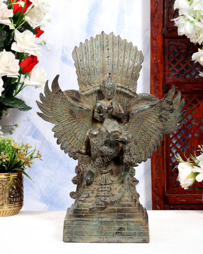 Vintage Indonesian Bronze Lord Vishnu Seated on Garuda Vahana Sculpture 13" green patina - Budhshiv.com