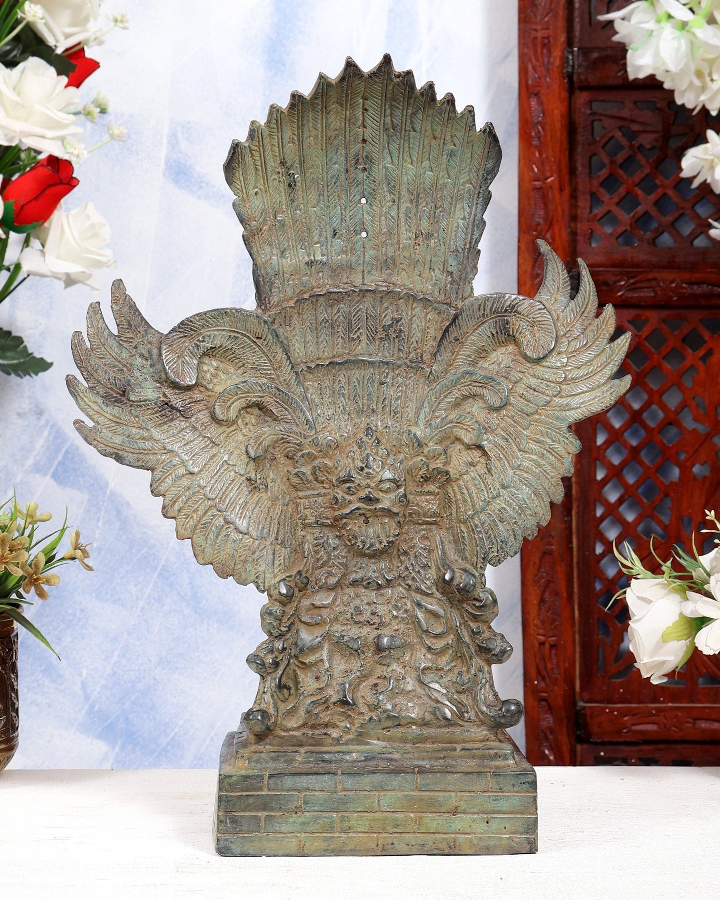 Vintage Indonesian Bronze Lord Vishnu Seated on Garuda Vahana Sculpture 13" green patina - Budhshiv.com