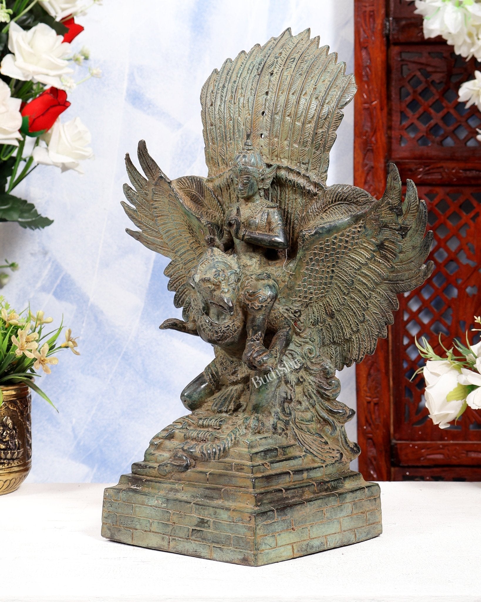 Vintage Indonesian Bronze Lord Vishnu Seated on Garuda Vahana Sculpture 13" green patina - Budhshiv.com