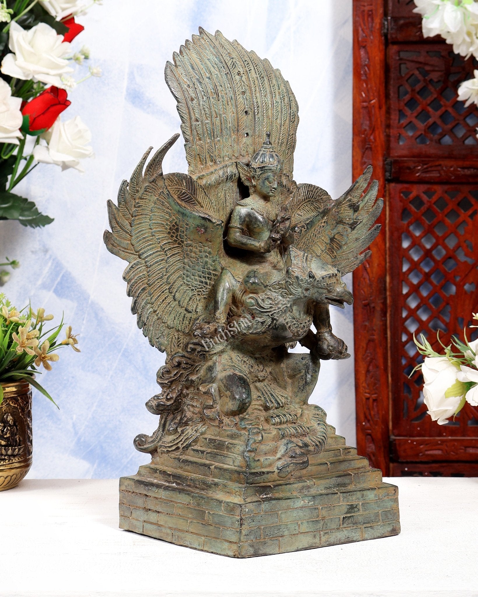 Vintage Indonesian Bronze Lord Vishnu Seated on Garuda Vahana Sculpture 13" green patina - Budhshiv.com