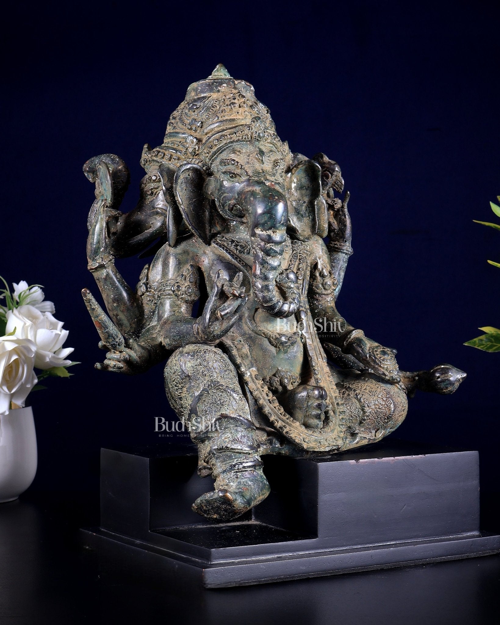 Vintage Indonesian Bronze Three - Faced Lord Ganesha Statue 12" - Budhshiv.com