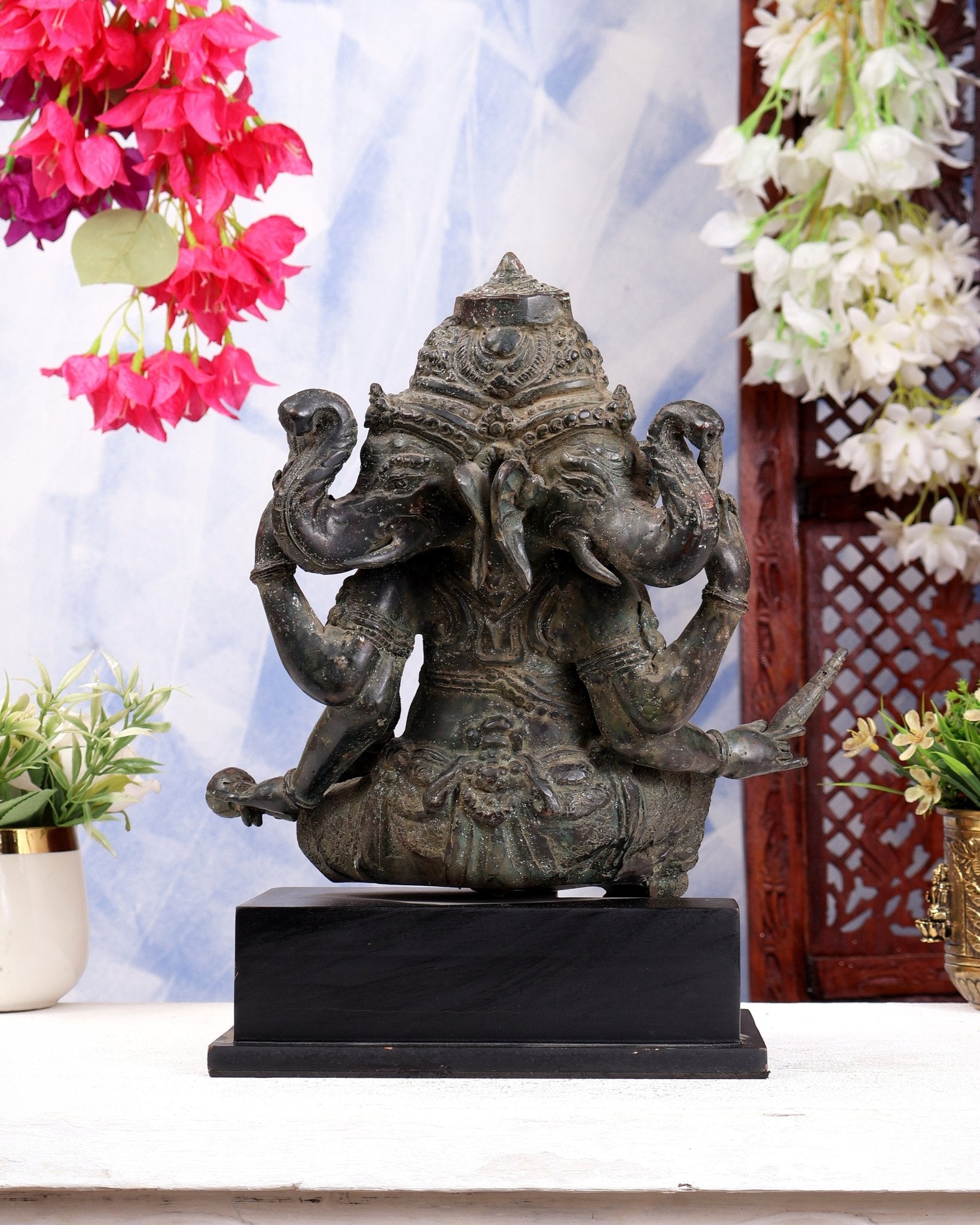 Vintage Indonesian Bronze Three-Faced Lord Ganesha Statue 12" - Budhshiv.com