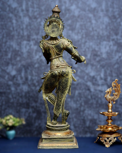 Vintage Krishna Brass Statue 35 inch algae green patina - Budhshiv.com