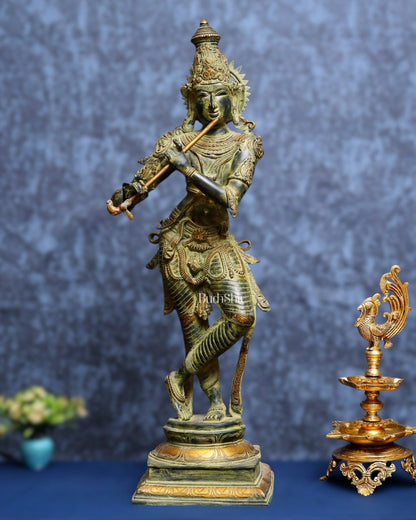 Vintage Krishna Brass Statue 35 inch algae green patina - Budhshiv.com