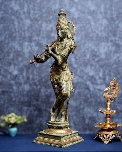 Vintage Krishna Brass Statue 35 inch algae green patina - Budhshiv.com