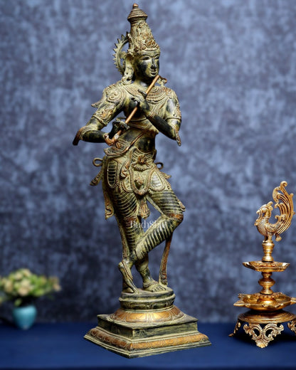 Vintage Krishna Brass Statue 35 inch algae green patina - Budhshiv.com
