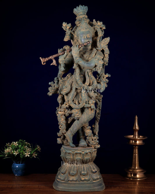 Vintage Krishna Brass Statue – Green Sand Patina Finish 30 inch - Budhshiv.com