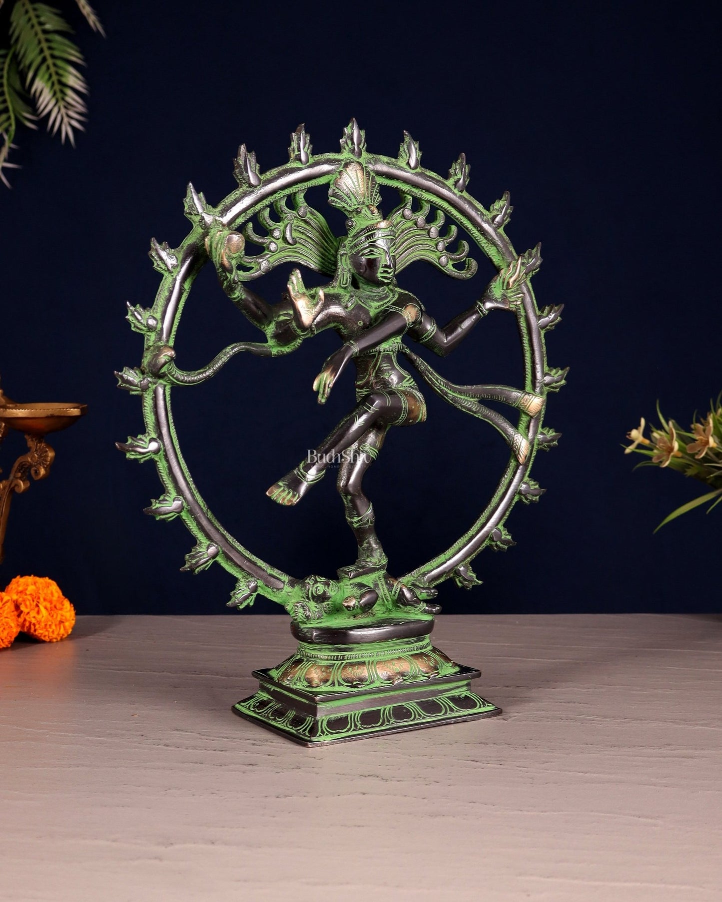 Vintage Nataraja Brass Statue – Black & Green Tone | 11.5" - Budhshiv.com