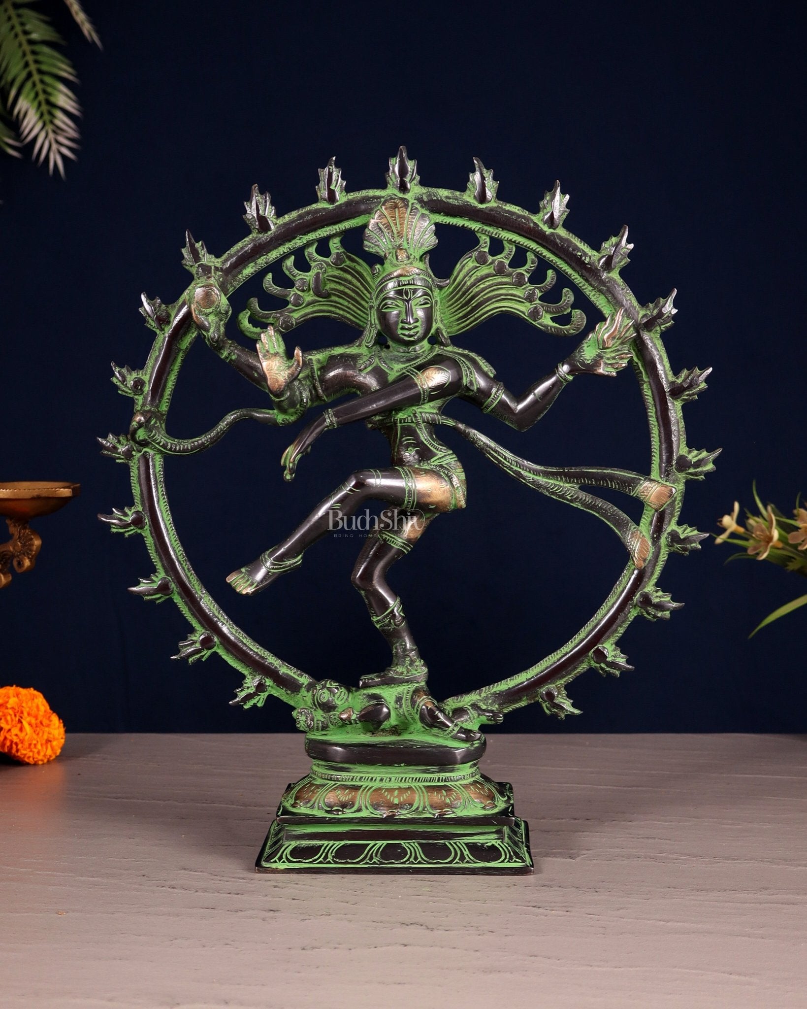 Vintage Nataraja Brass Statue – Black & Green Tone | 11.5" - Budhshiv.com