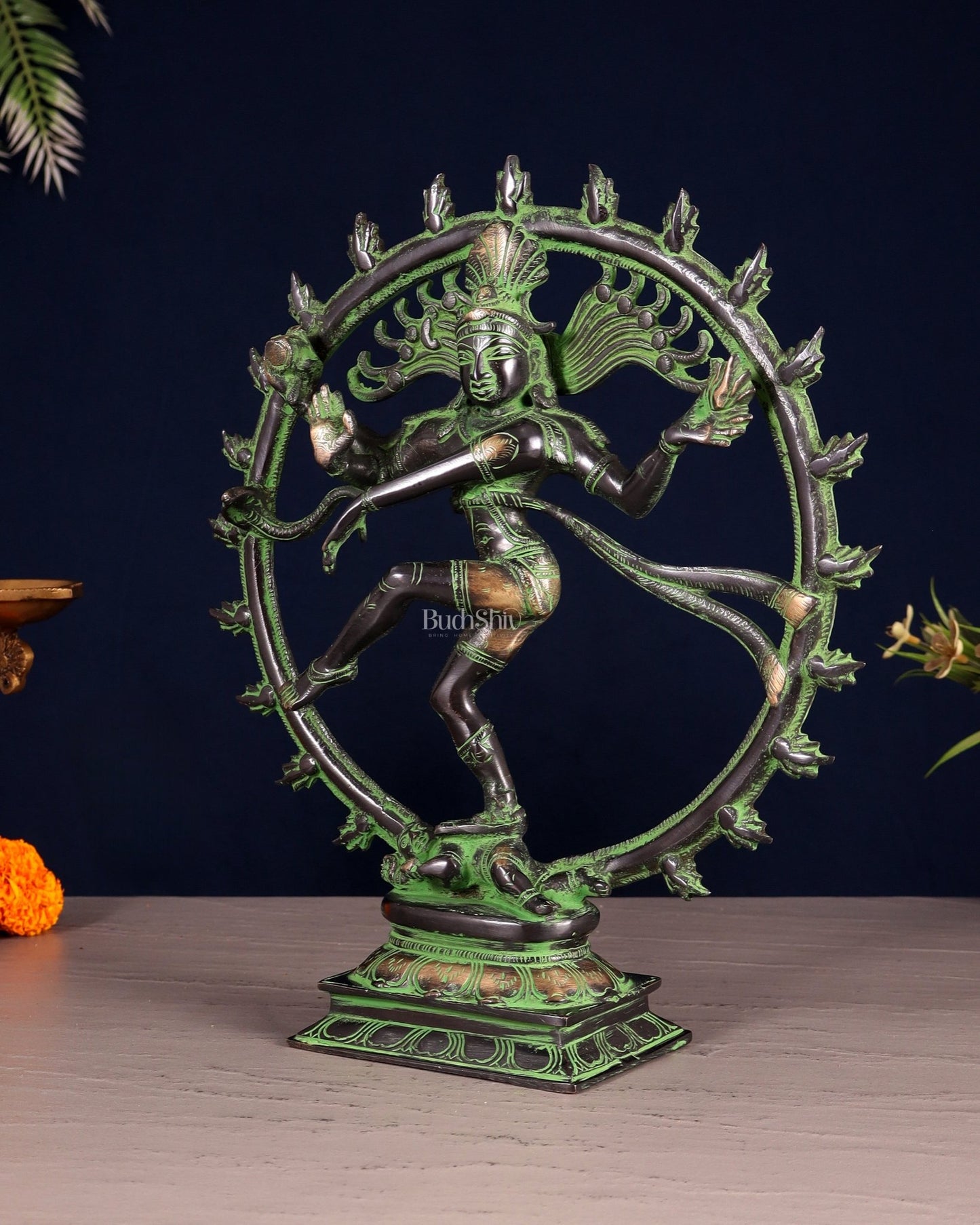 Vintage Nataraja Brass Statue – Black & Green Tone | 11.5" - Budhshiv.com