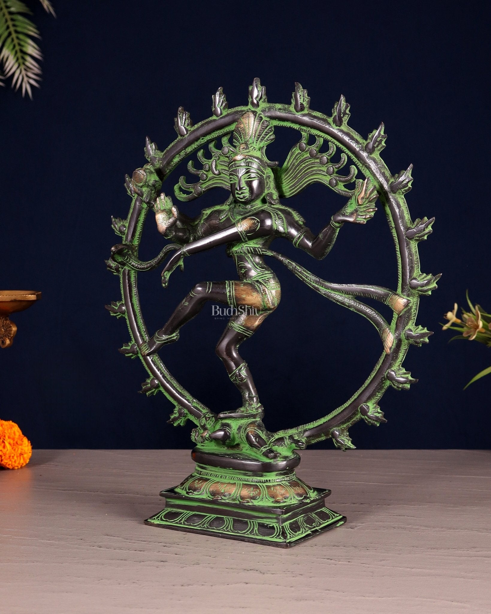 Vintage Nataraja Brass Statue – Black & Green Tone | 11.5" - Budhshiv.com
