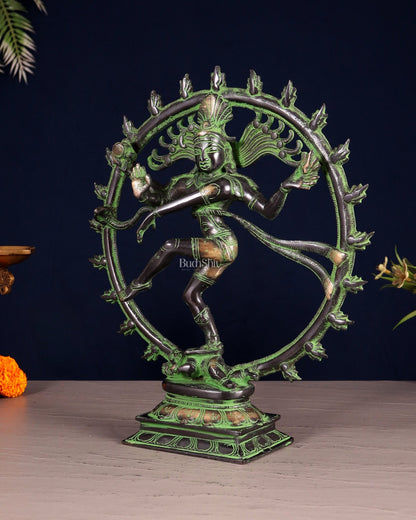 Vintage Nataraja Brass Statue – Black & Green Tone | 11.5" - Budhshiv.com