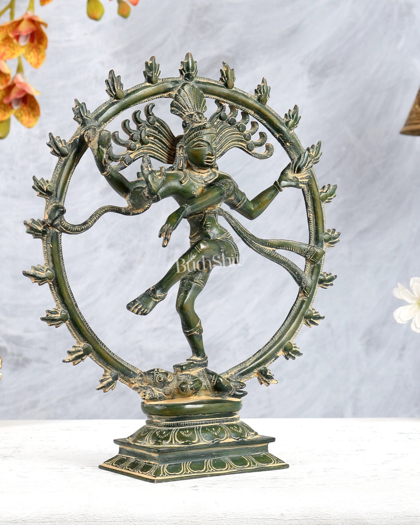Vintage Nataraja Brass Statue Green Tone | 11.5" - Budhshiv.com