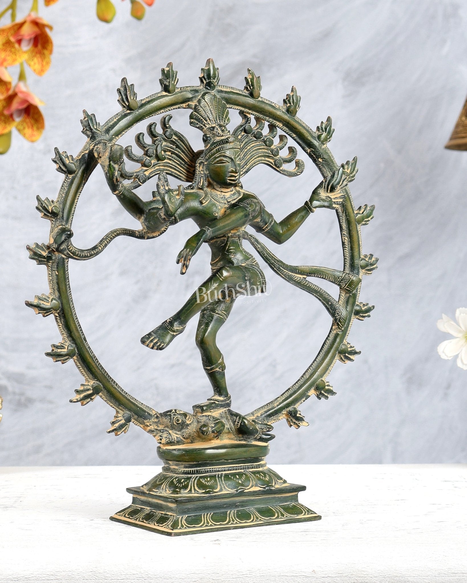 Vintage Nataraja Brass Statue Green Tone | 11.5" - Budhshiv.com