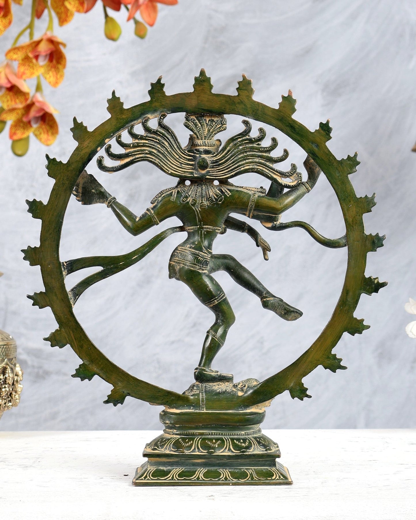 Vintage Nataraja Brass Statue Green Tone | 11.5" - Budhshiv.com