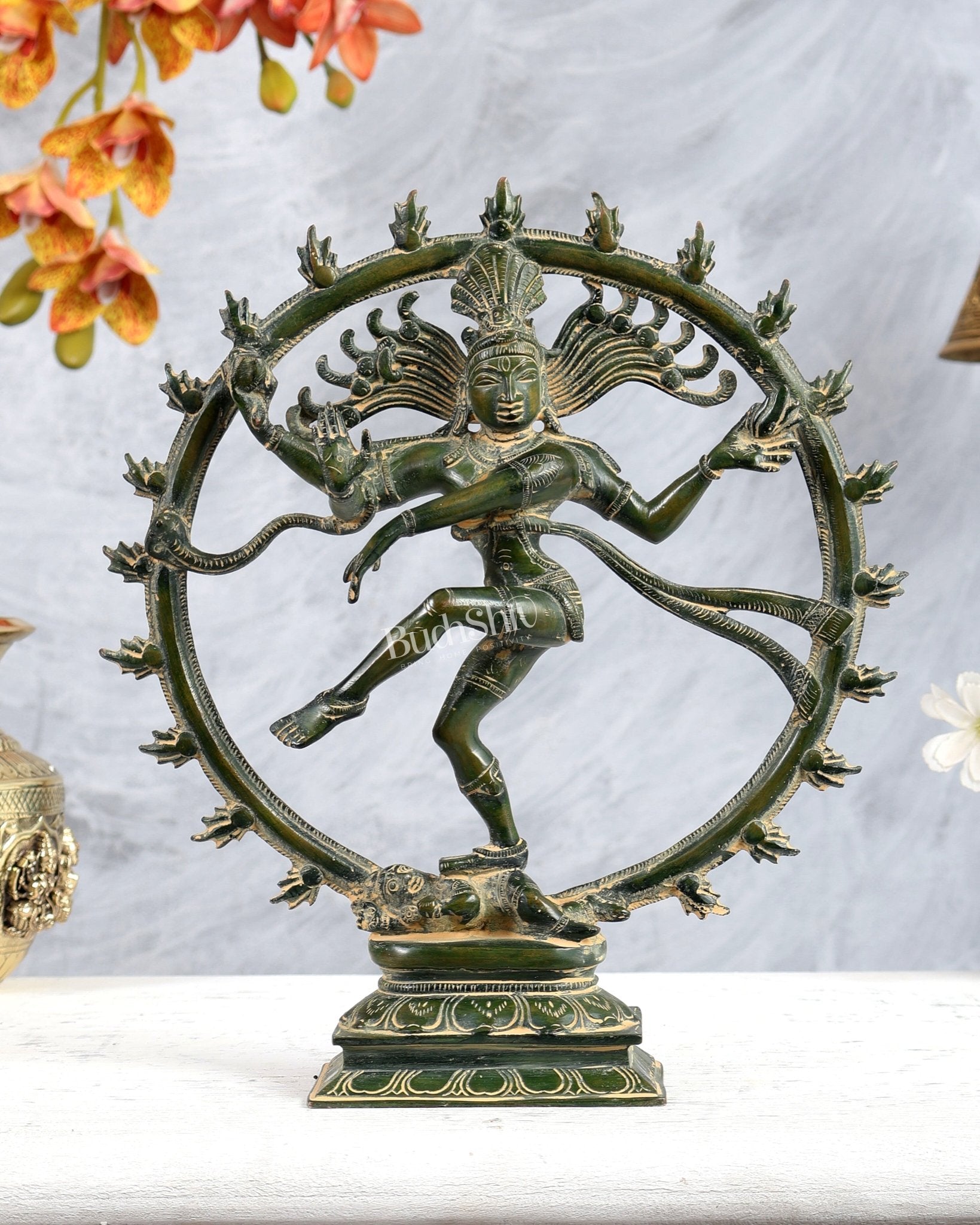 Vintage Nataraja Brass Statue Green Tone | 11.5" - Budhshiv.com
