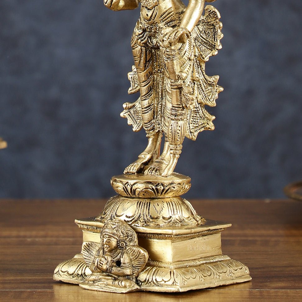 Vintage Pure Brass Superfine Lord Vishnu Standing with Garuda Idol 9 inch - Budhshiv.com