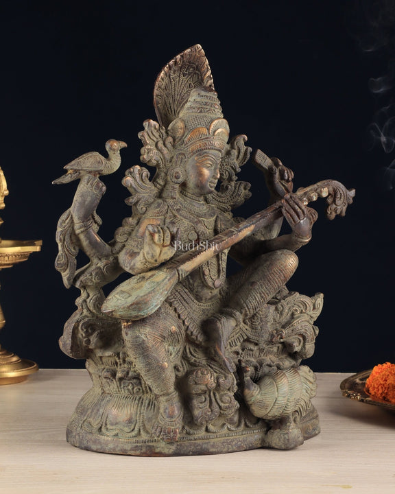 Vintage Saraswati brass idol 11 inches green algae tone - Budhshiv.com