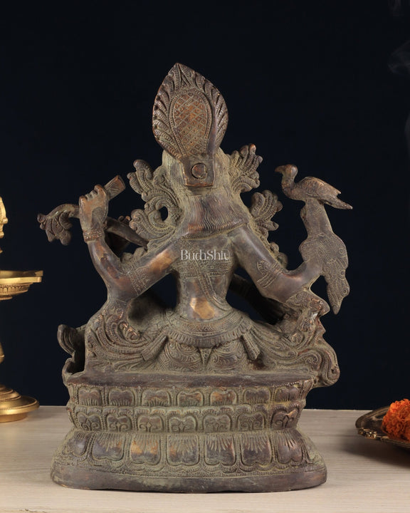 Vintage Saraswati brass idol 11 inches green algae tone - Budhshiv.com