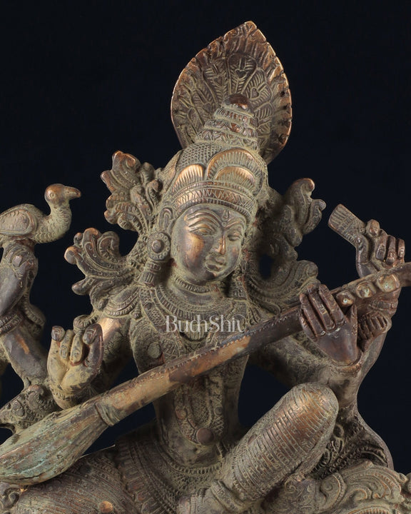 Vintage Saraswati brass idol 11 inches green algae tone - Budhshiv.com