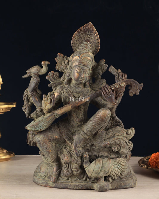 Vintage Saraswati brass idol 11 inches green algae tone - Budhshiv.com