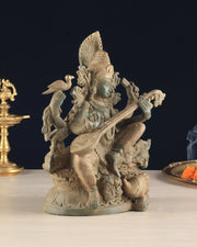 Vintage Saraswati brass idol 11 inches - Budhshiv.com