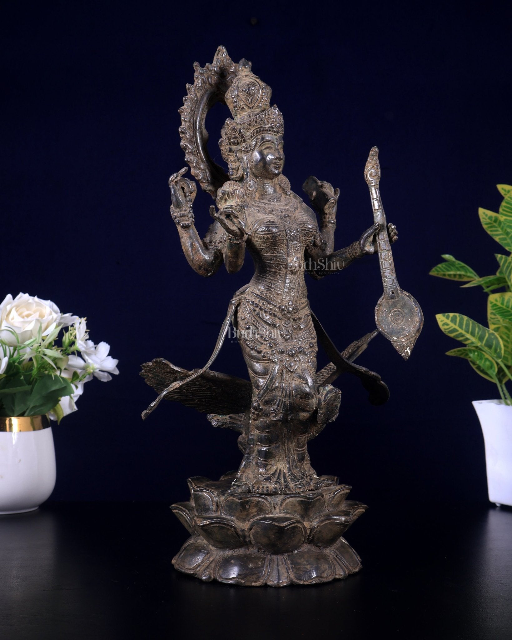Vintage Standing Saraswati with swan Bronze Sculpture 14" - Budhshiv.com