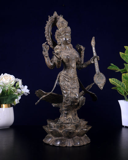 Vintage Standing Saraswati with swan Bronze Sculpture 14" - Budhshiv.com