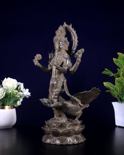 Vintage Standing Saraswati with swan Bronze Sculpture 14" - Budhshiv.com