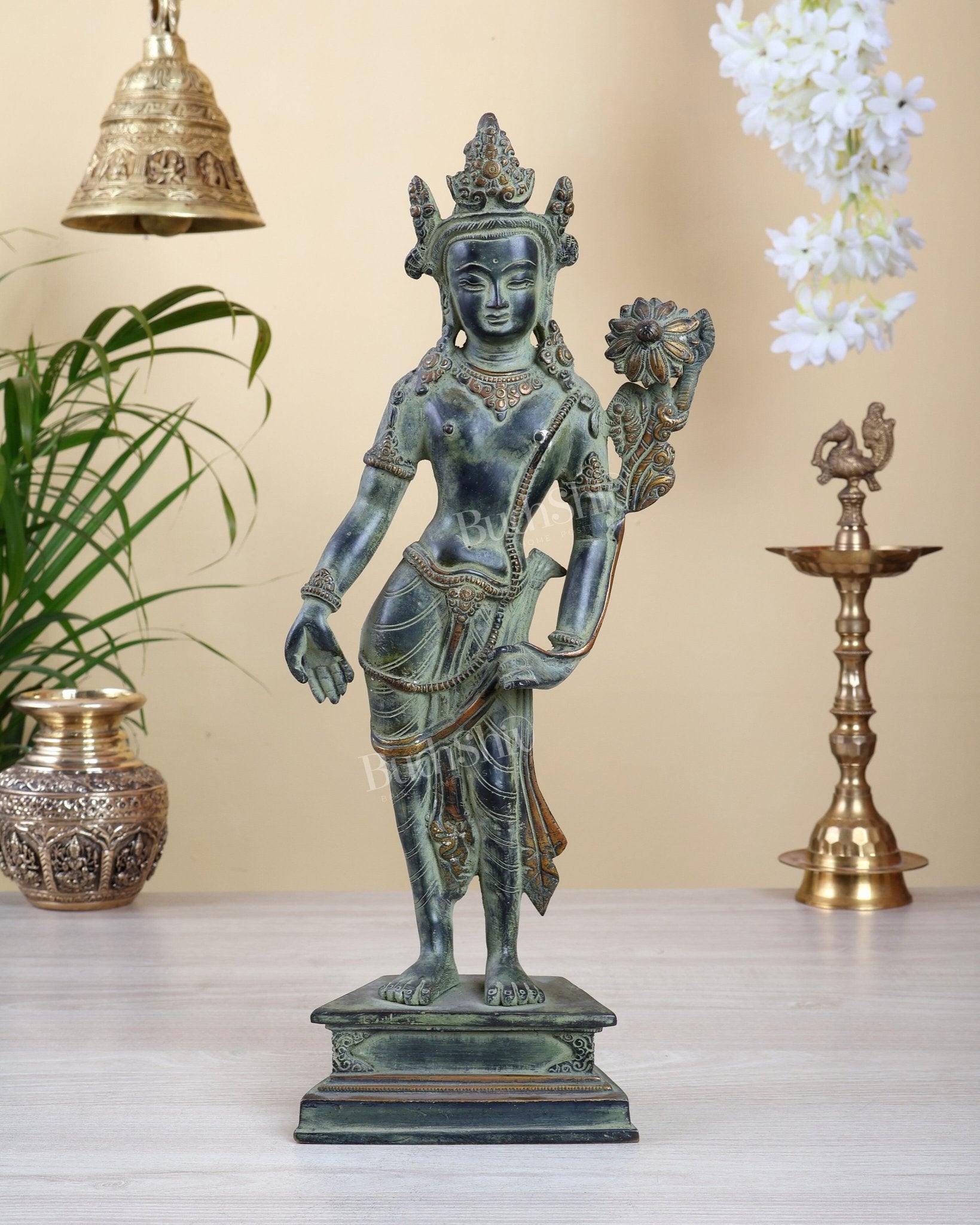 Vintage Standing Tara Idol – Green Patina Finish Sacred Bronze Style Sculpture 16 inch - Budhshiv.com