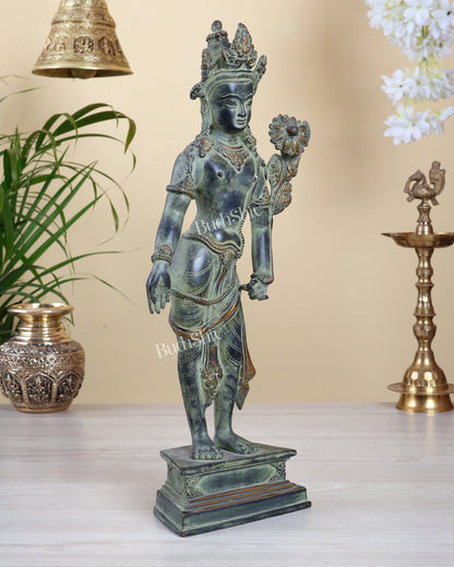 Vintage Standing Tara Idol – Green Patina Finish Sacred Bronze Style Sculpture 16 inch - Budhshiv.com