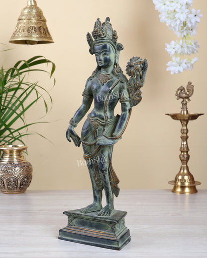 Vintage Standing Tara Idol – Green Patina Finish Sacred Bronze Style Sculpture 16 inch - Budhshiv.com