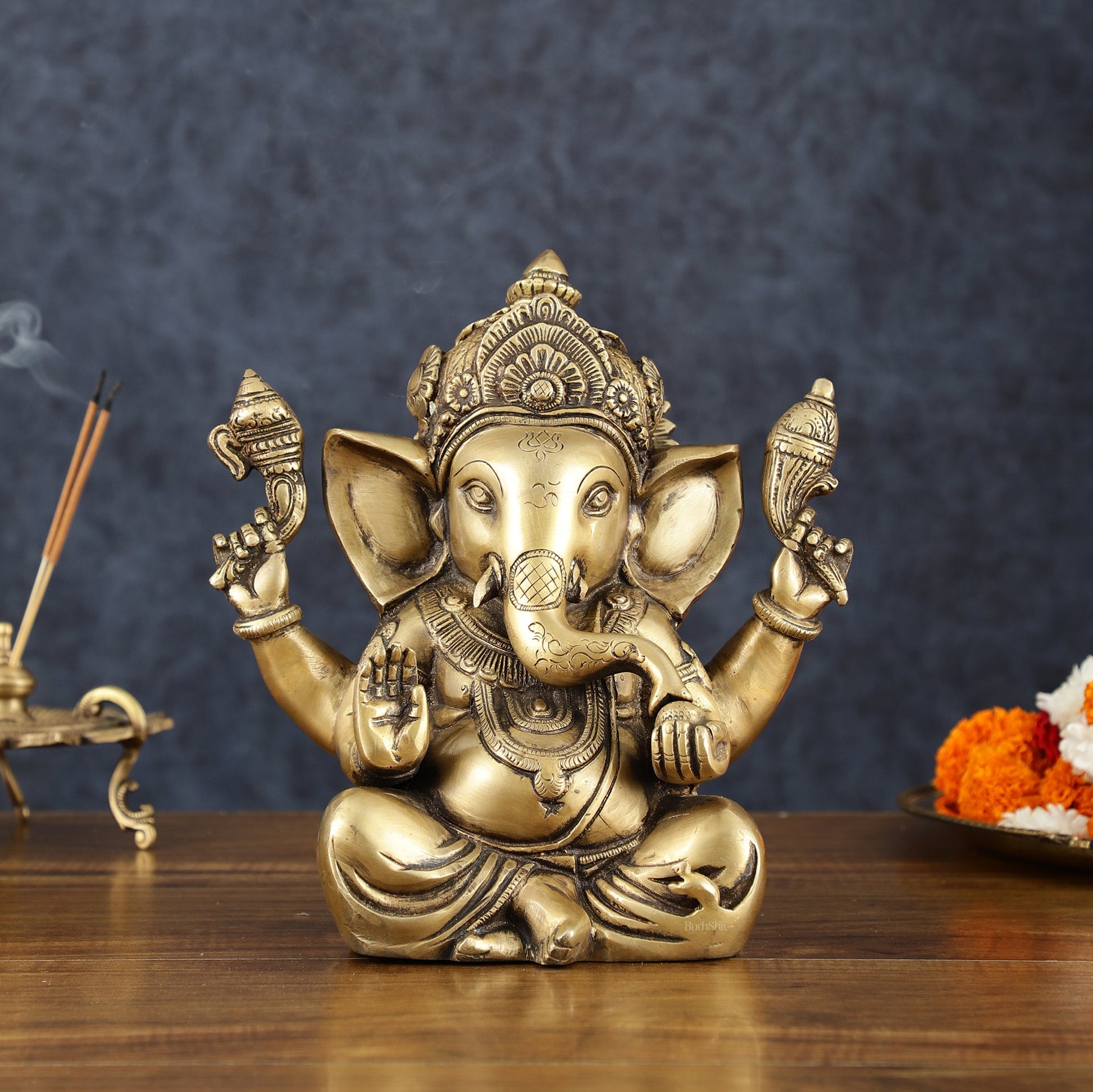 Vintage Taj Ganesha Statue - Handcrafted Brass 9" Height - Budhshiv.com