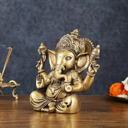 Vintage Taj Ganesha Statue - Handcrafted Brass 9" Height - Budhshiv.com
