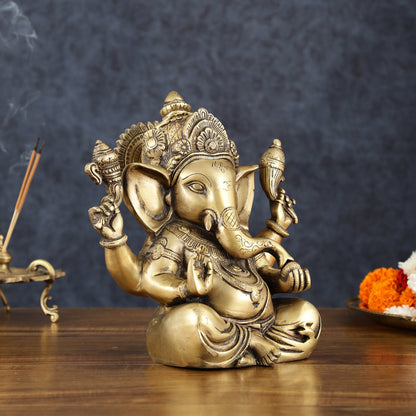 Vintage Taj Ganesha Statue - Handcrafted Brass 9" Height - Budhshiv.com