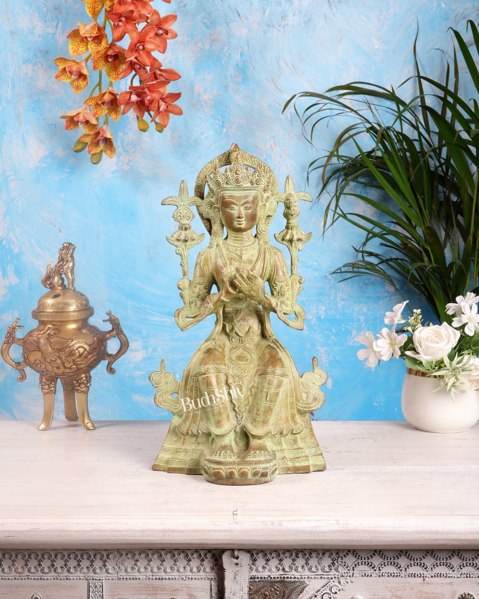 Vintage Tibetan Brass Maitreya Buddha Sculpture – The Future Buddha 14 inch - Budhshiv.com