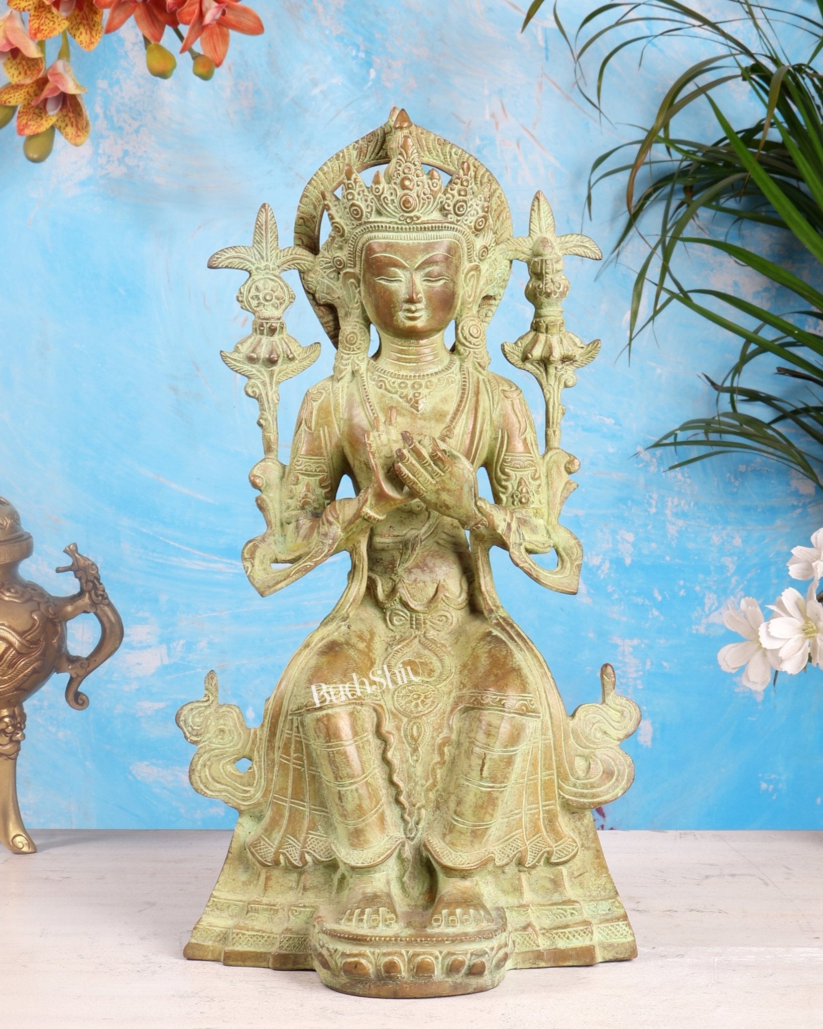 Vintage Tibetan Brass Maitreya Buddha Sculpture – The Future Buddha 14 inch - Budhshiv.com