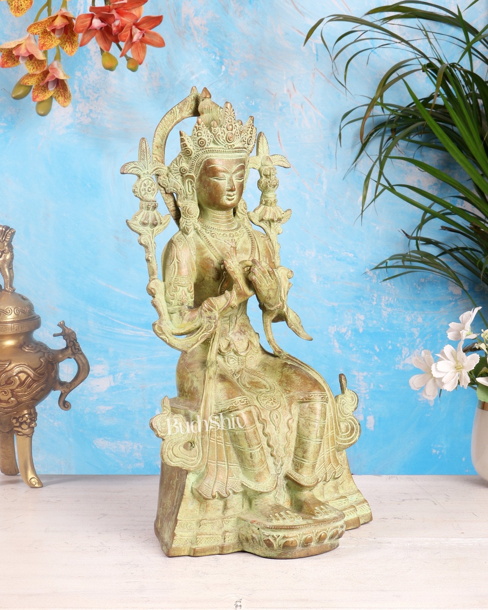 Vintage Tibetan Brass Maitreya Buddha Sculpture – The Future Buddha 14 inch - Budhshiv.com