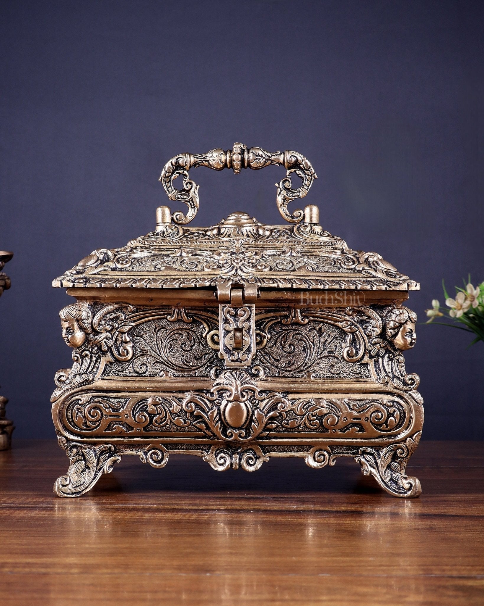 Vintage Victorian Brass Jewellery/Treasure Box 9" - Budhshiv.com