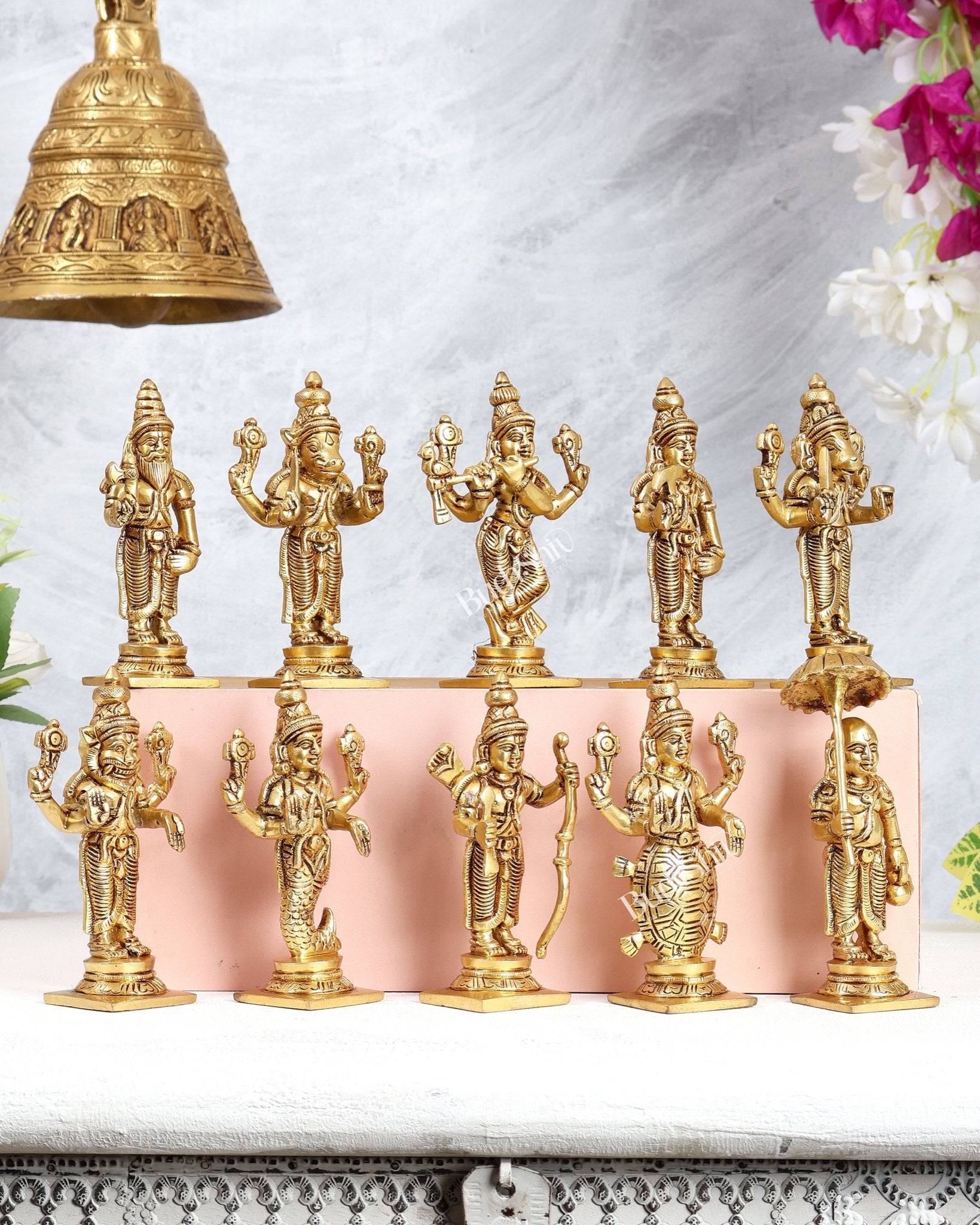 Vishnu Dashavatar Pure Brass Superfine Idols Set 4.5 inch - Budhshiv.com