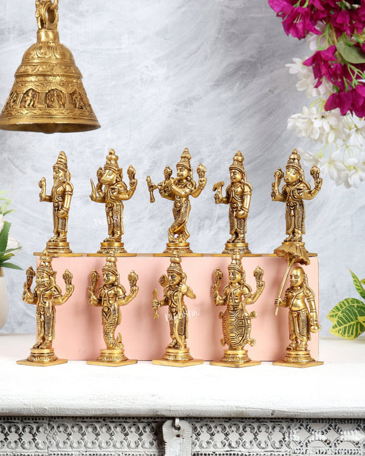 Vishnu Dashavatar Pure Brass Superfine Idols Set 4.5 inch - Budhshiv.com